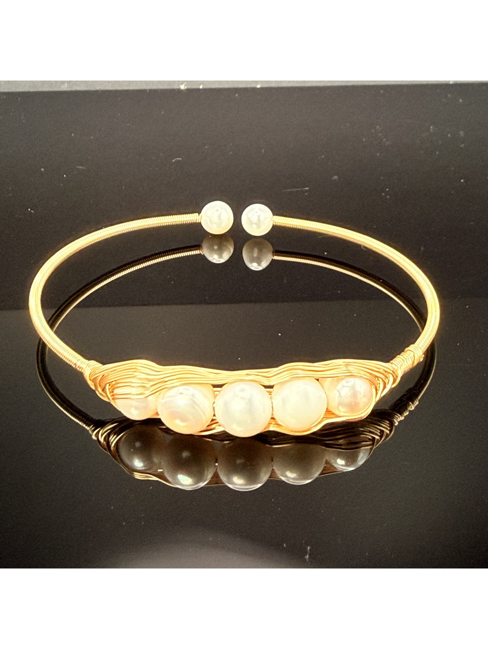 candy+clover Peas in a Pod Natural Pearl Gold Wire Wrapped Bangle Bracelet
